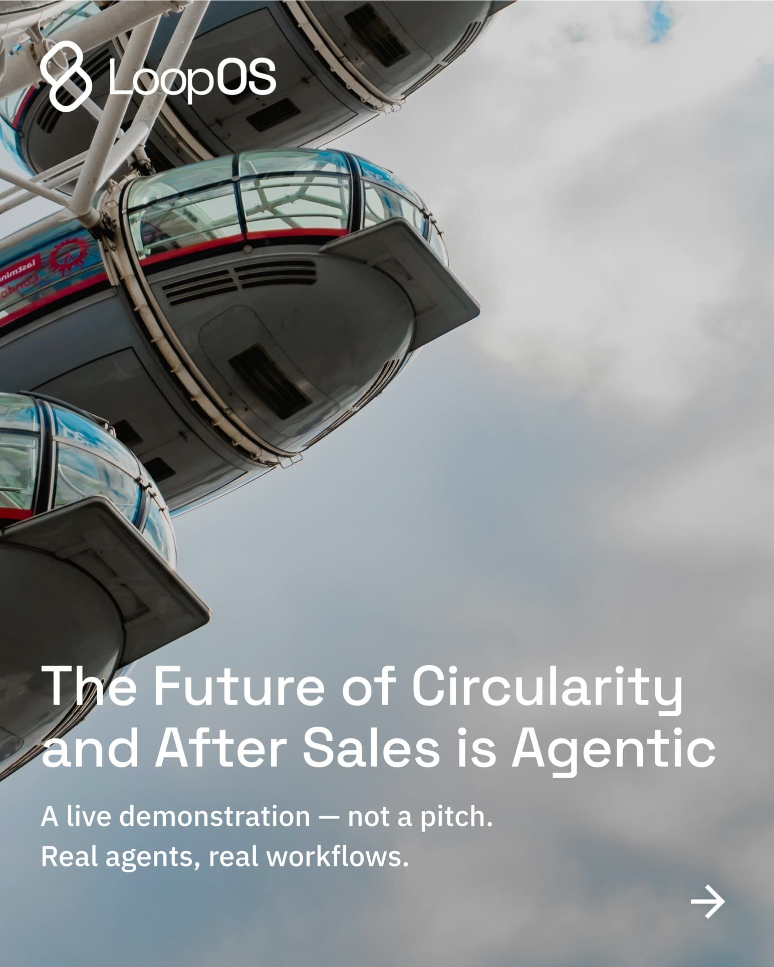 Carte-titre LoopOS indiquant « The Future of Circularity and After Sales is Agentic », sur fond de London Eye.
